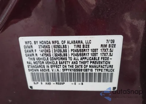 2009 Honda Ridgeline Rt z USA, uszkodzony, nr VIN 5FPYK16299B108716